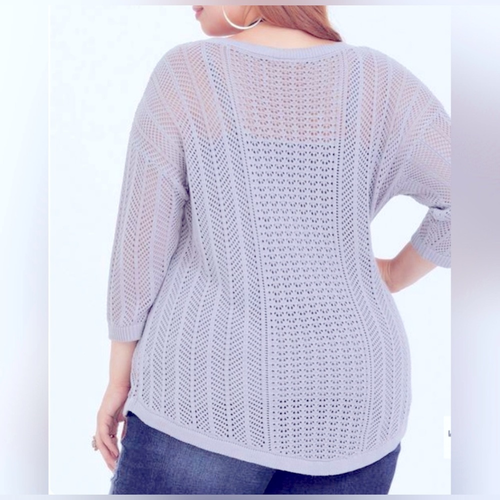 Torrid Womens Gray V-Neck 3/4 Sleeve Open Knit Textured Sweater - Picture 4 of 11